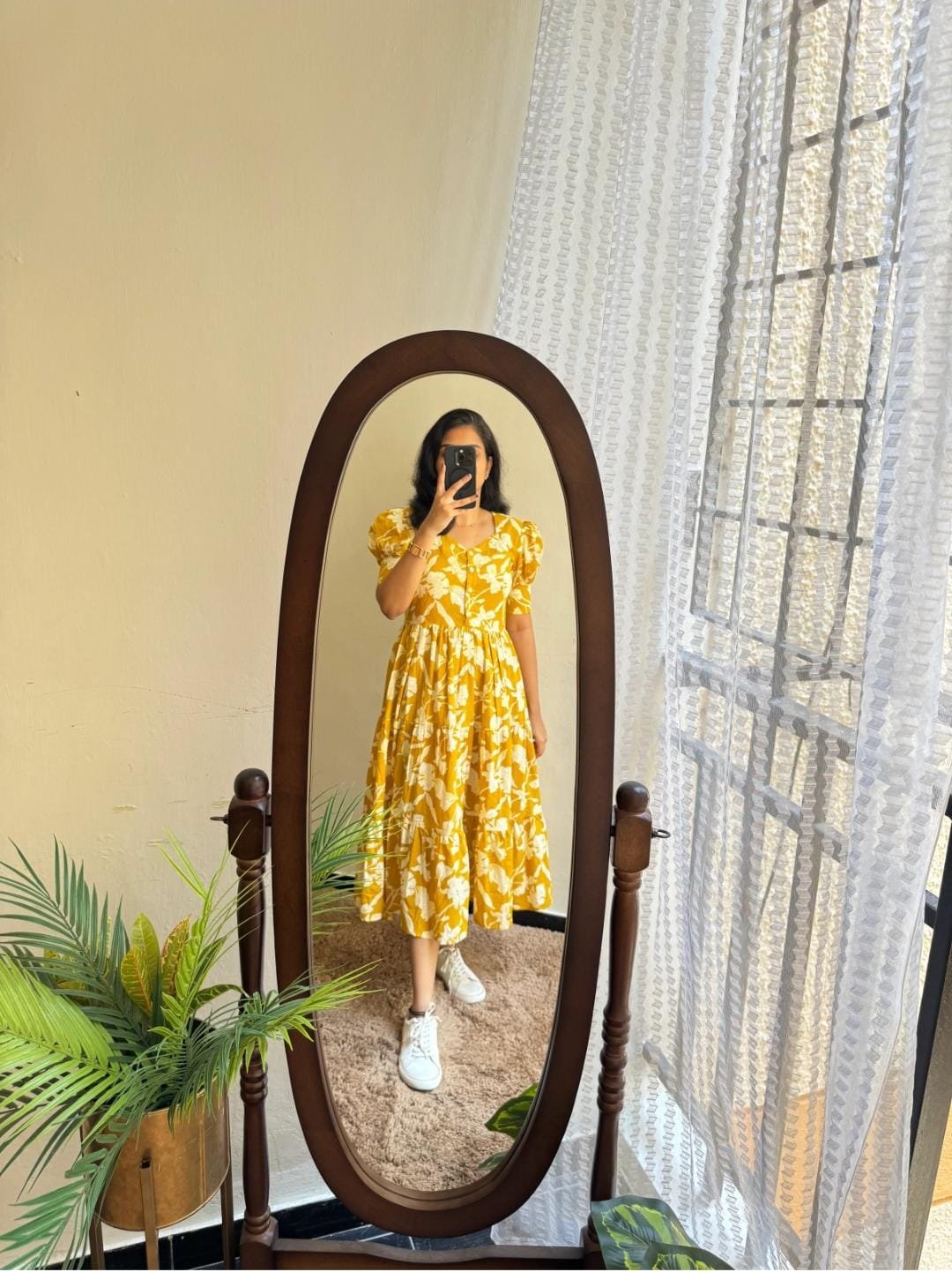 Yellow Printed Cotton Midi Gown Dress